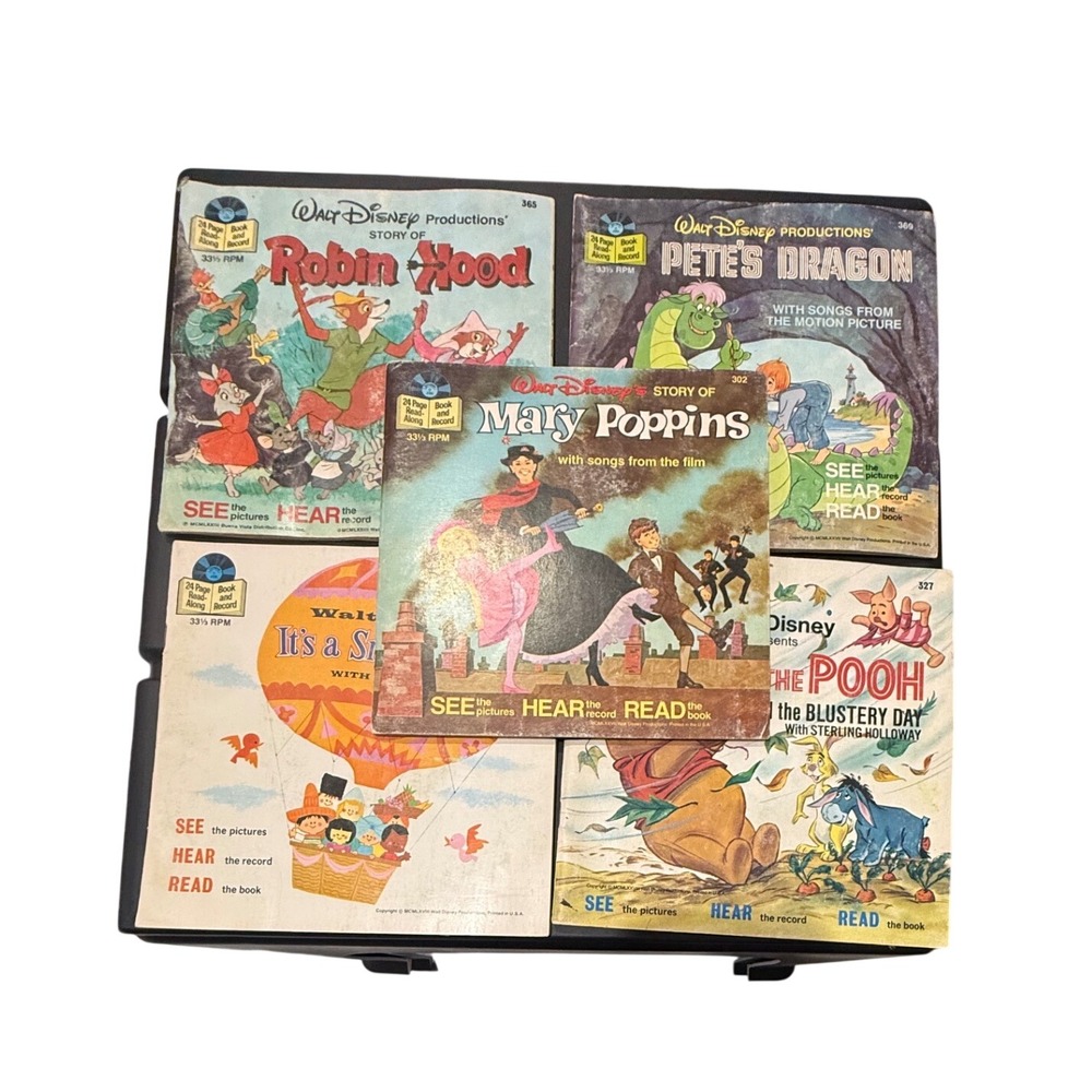 Vintage Walt Disney Book and Record Lot Robin Hood Mary Poppins Petes Dragon 5pc
